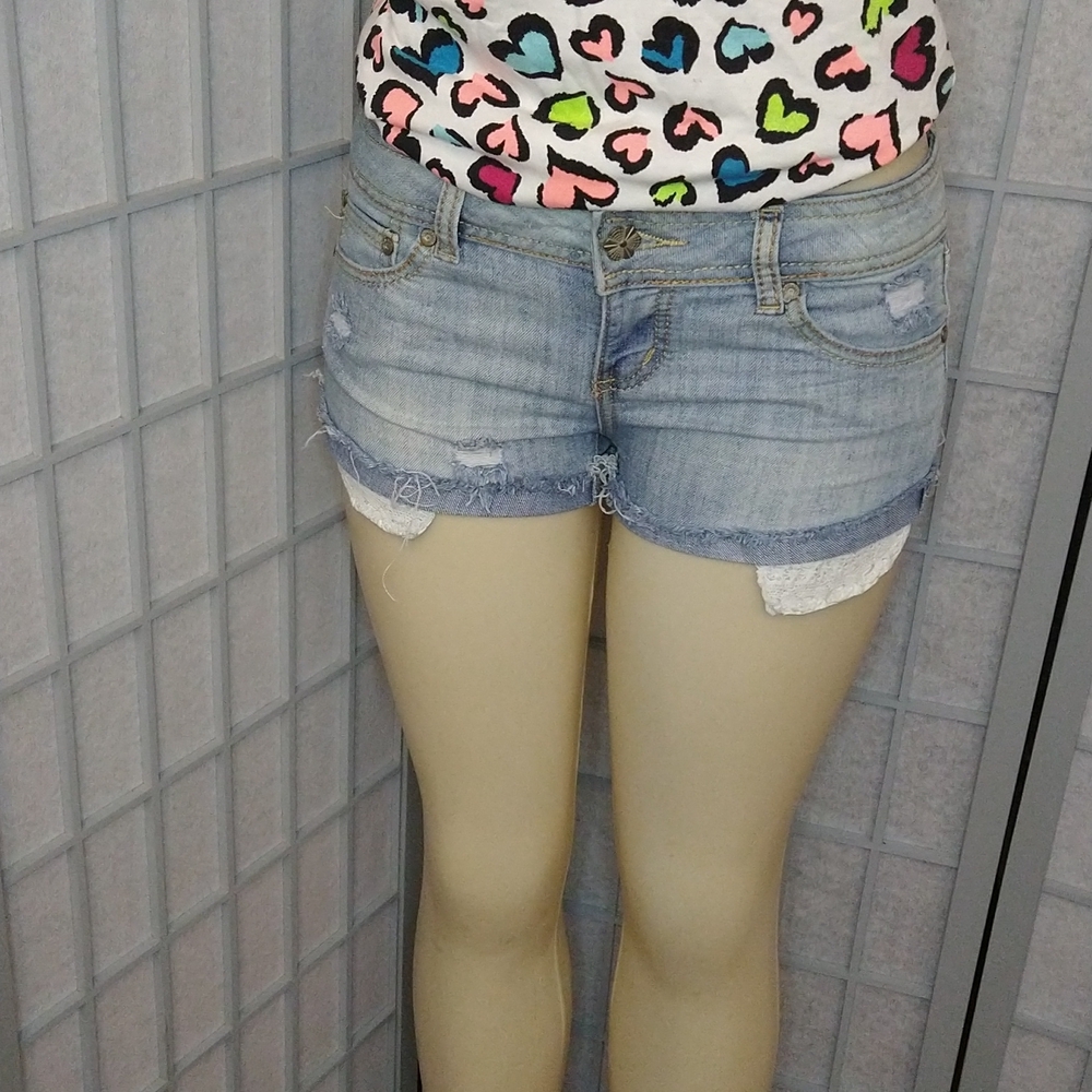 Light Blue Denim Cutoff Shorts with Distressed Hem - Picture 4 of 7